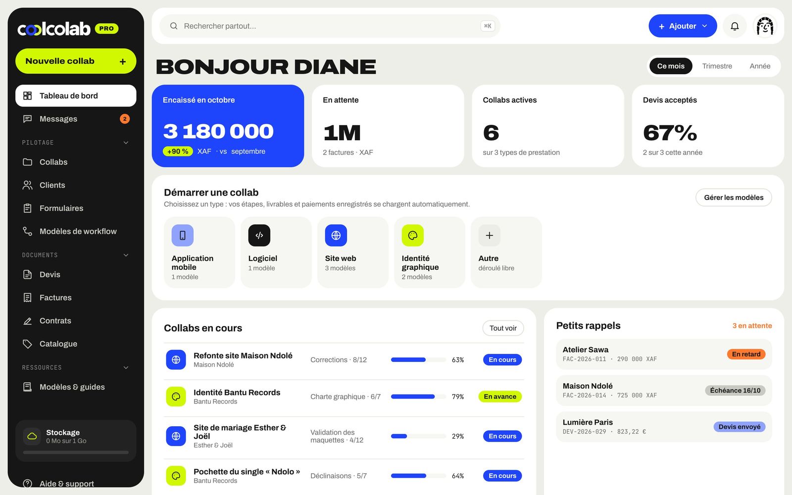 Tableau de bord Coolcolab : encaissements, collabs en cours, petits rappels