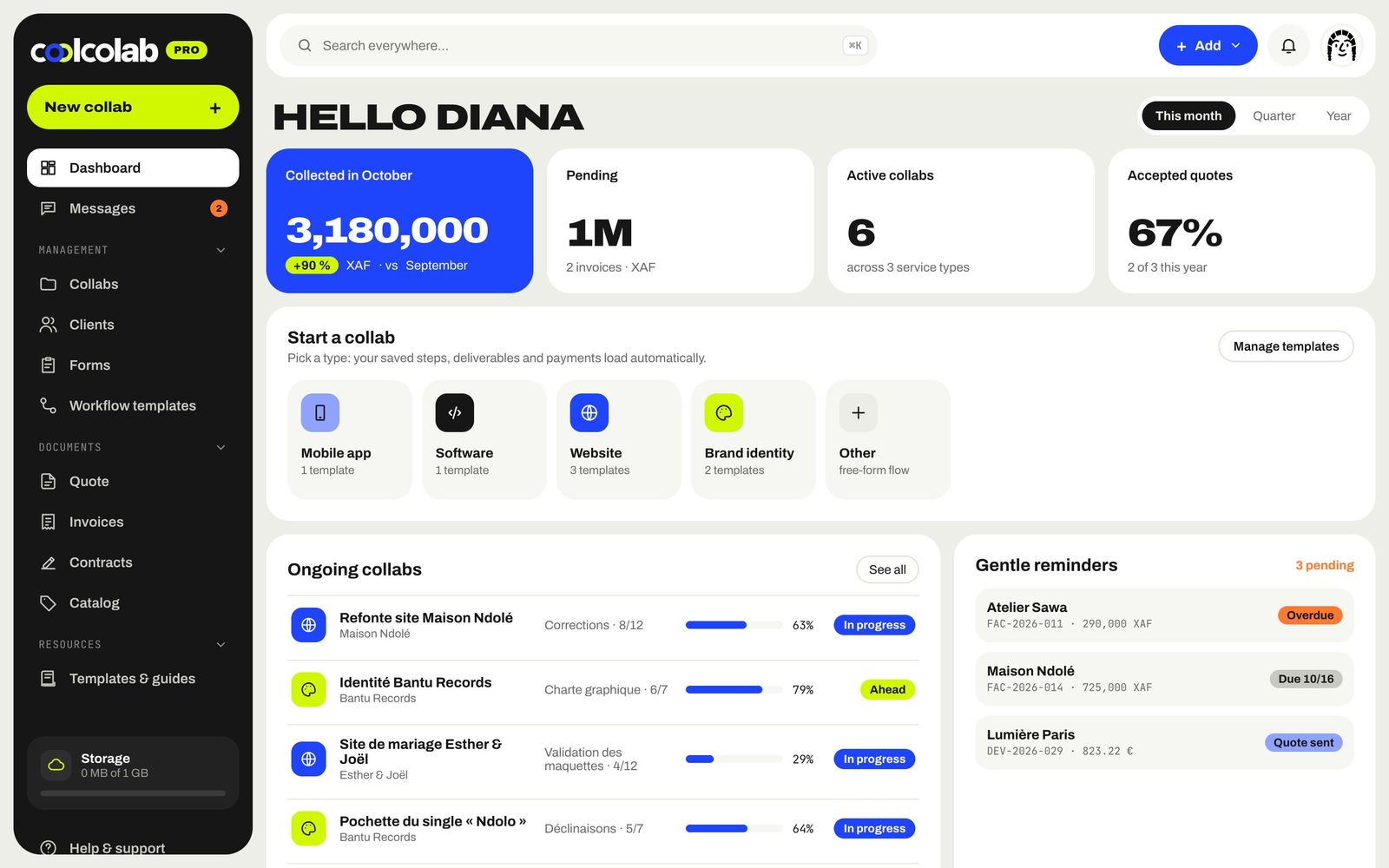 Dashboard with payments received