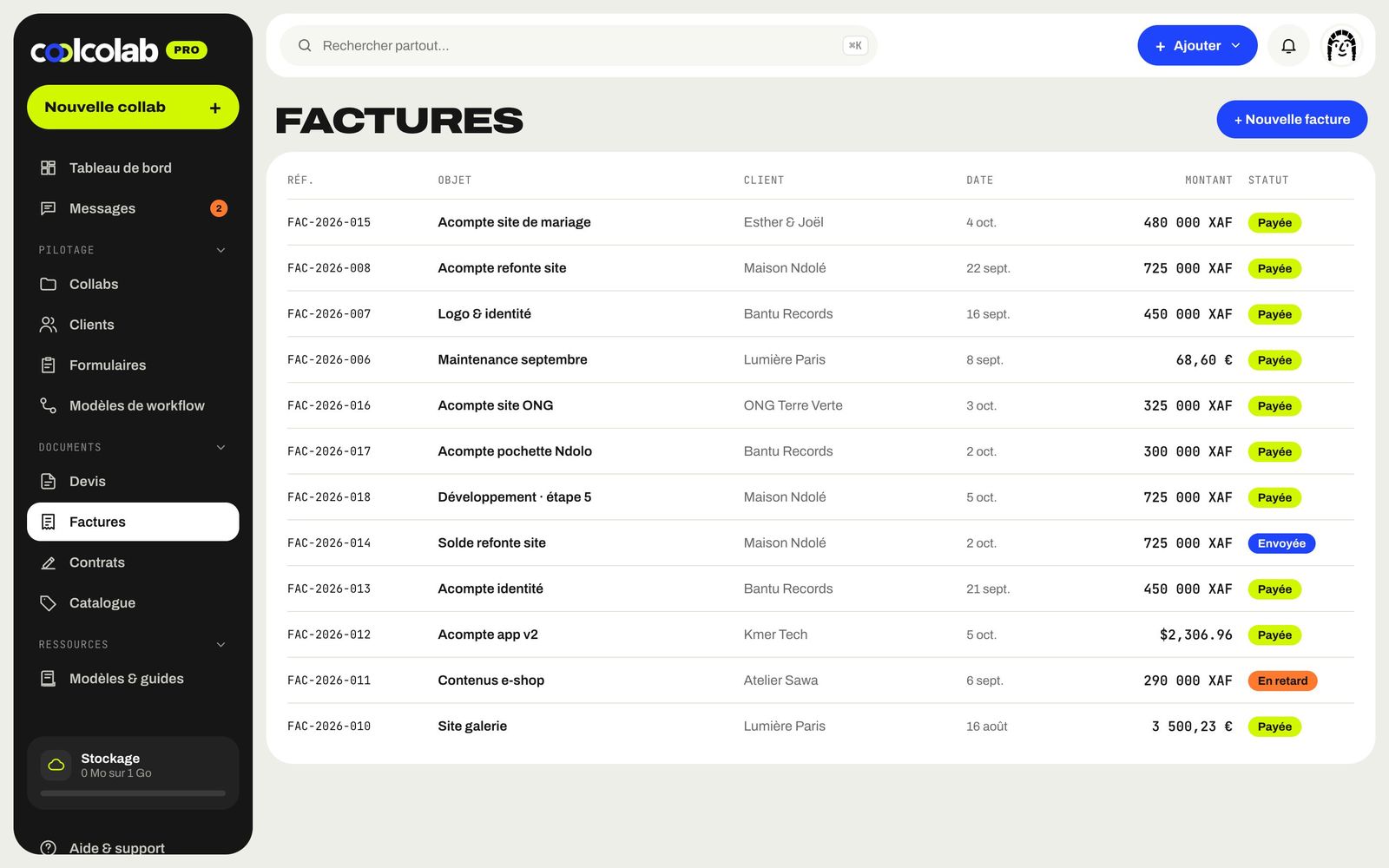 Liste des factures avec statuts