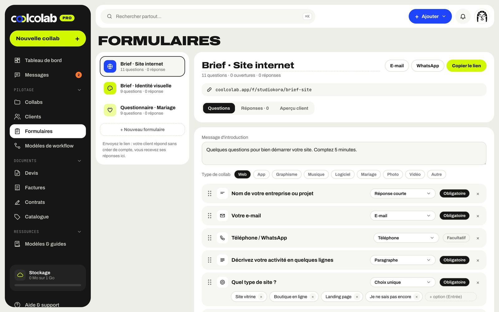 Éditeur de formulaire de brief