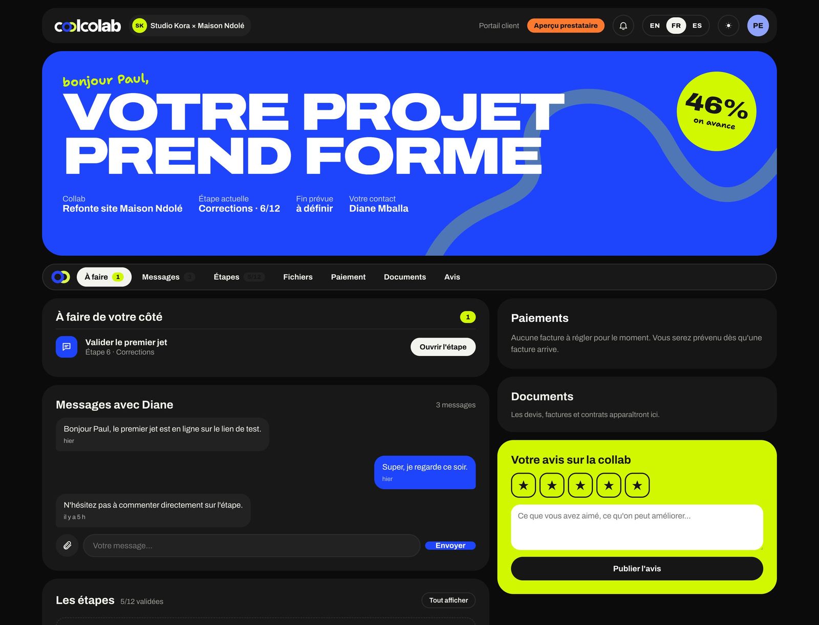 Portail client en mode nuit